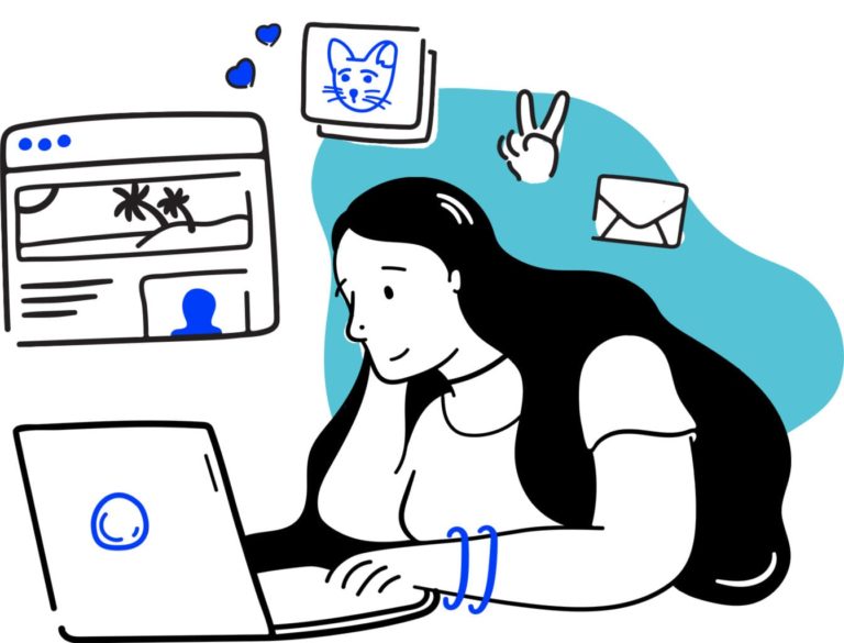illustration of a young woman at a laptop exploring websites