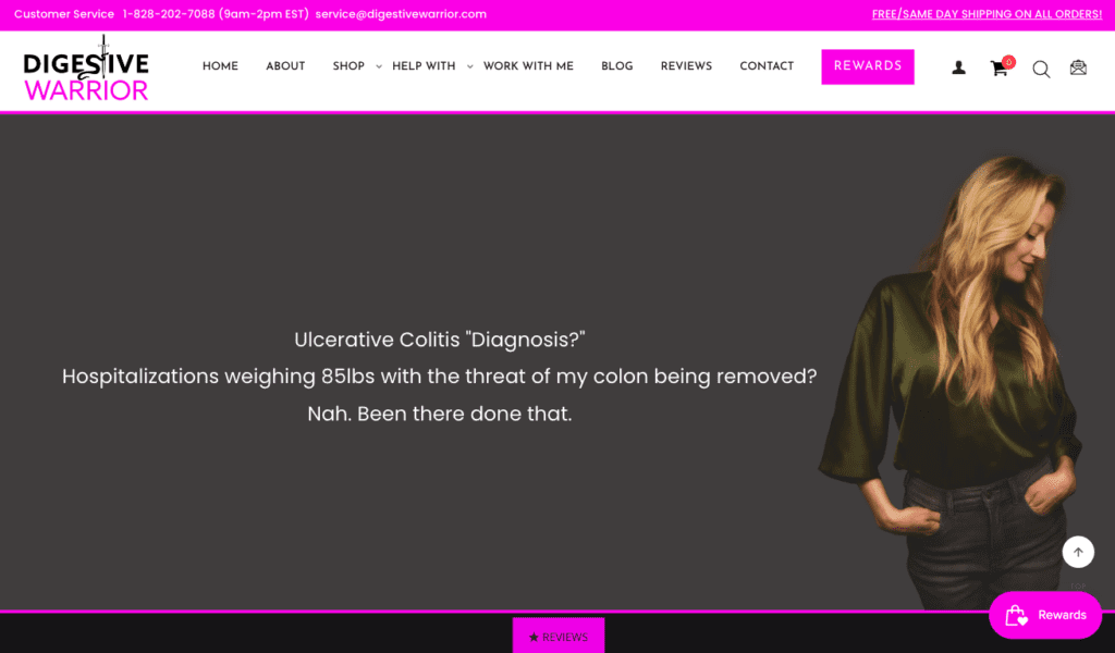screenshot showing the homepage of Digestive Warrior, with a dark photo and bright pink accents on CTAs 