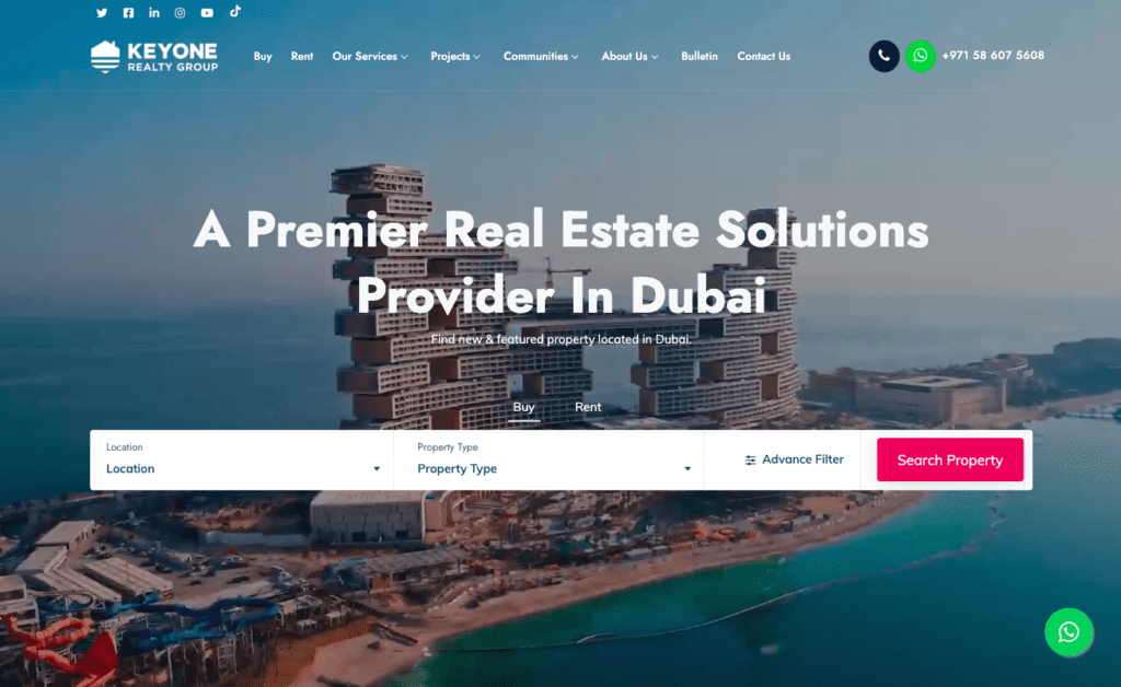 screenshot of the Key One Realty Group homepage, which showcases stunning photos of their properties in Dubai