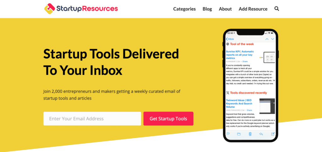 screenshot of the startup resources homepage, which is a yellow background with a simple heading, CTA copy, and signup next to a single image. 