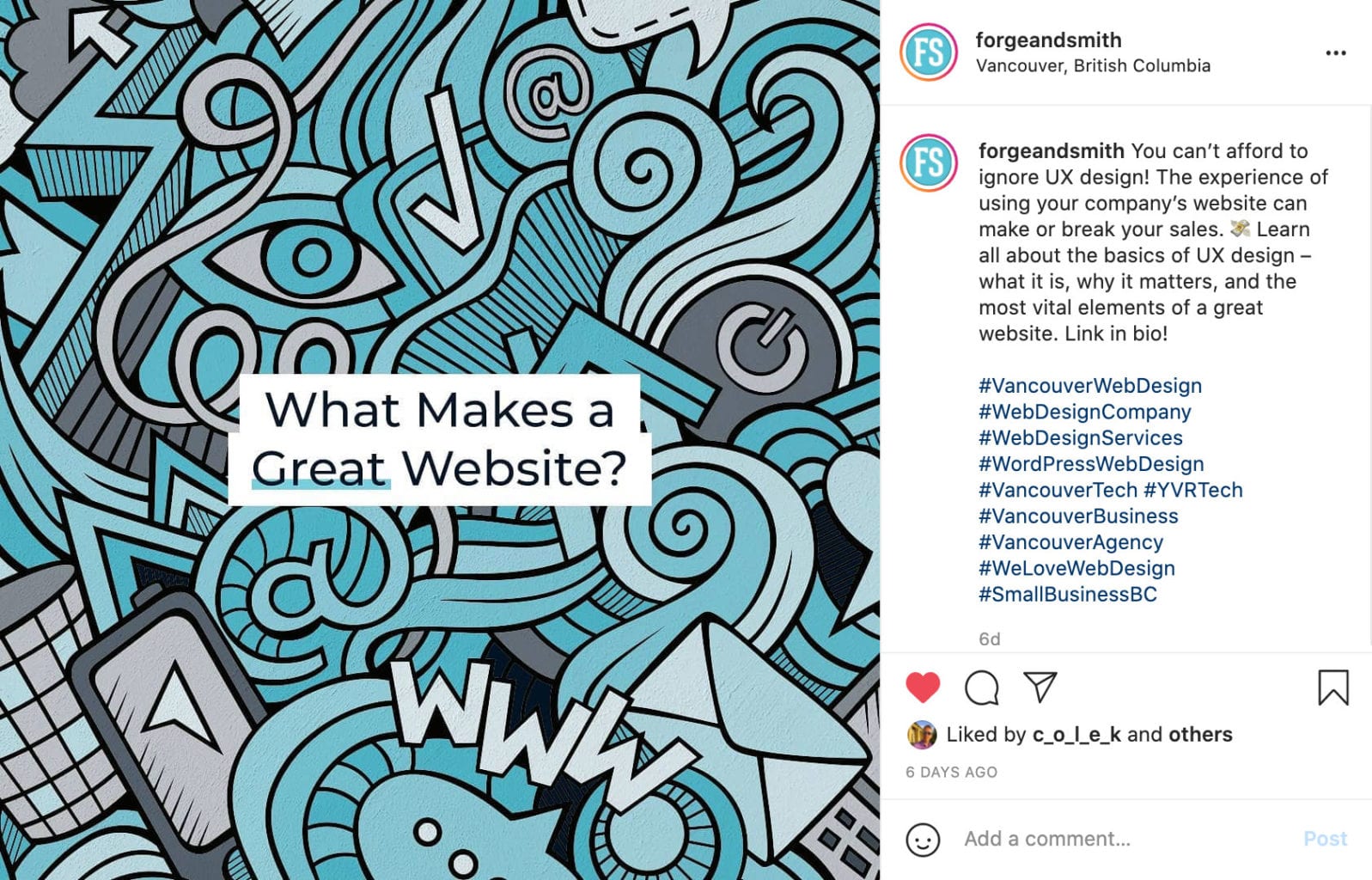 screenshot showing a forge and smith instagram post with hashtags about web design and vancouver