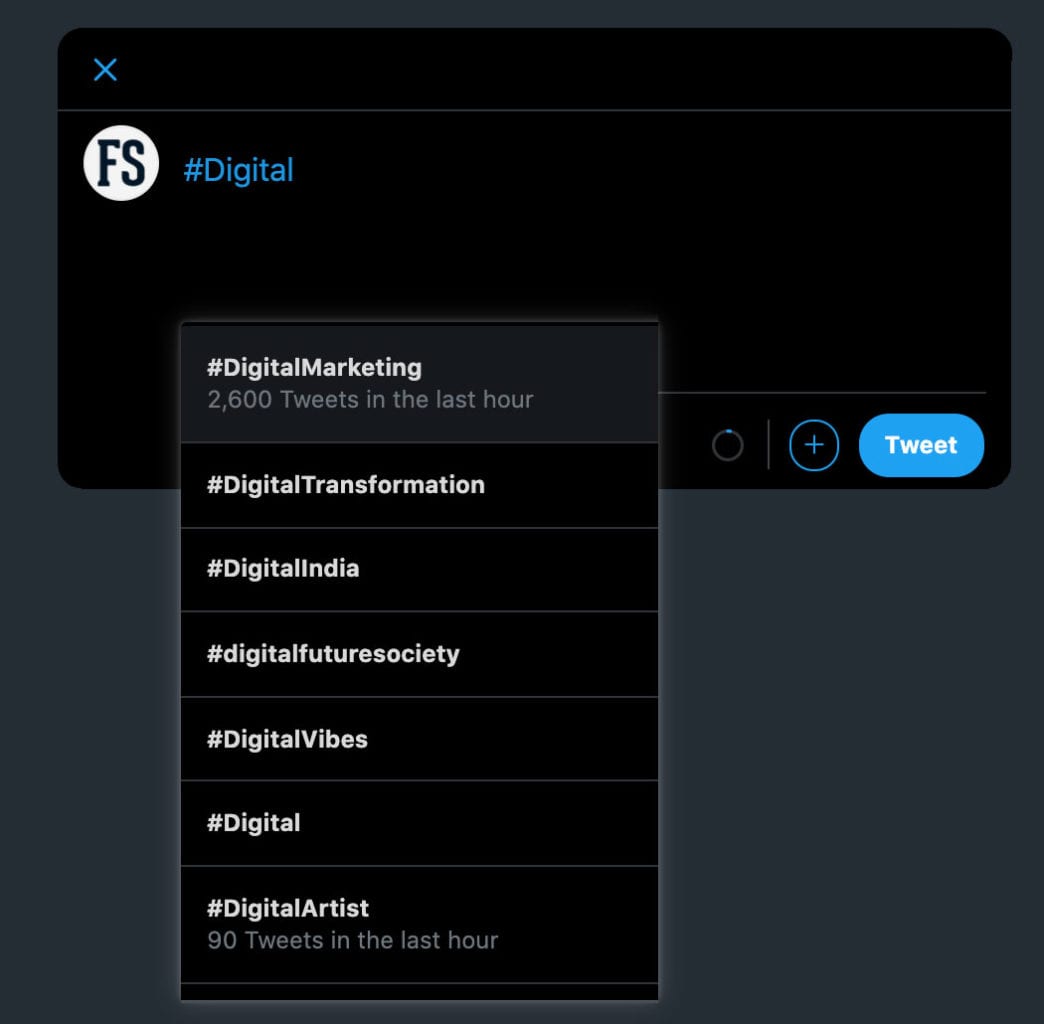 screenshot showing Twitter's dropdown hashtag suggestions in the tweet composer