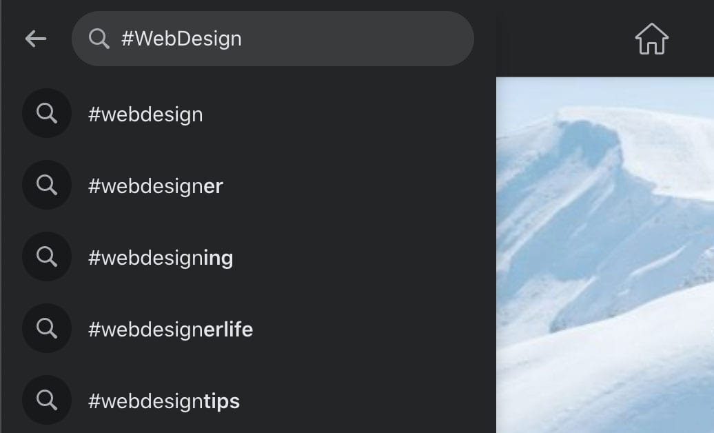 Facebook search bar dropdown suggestions for #WebDesign 