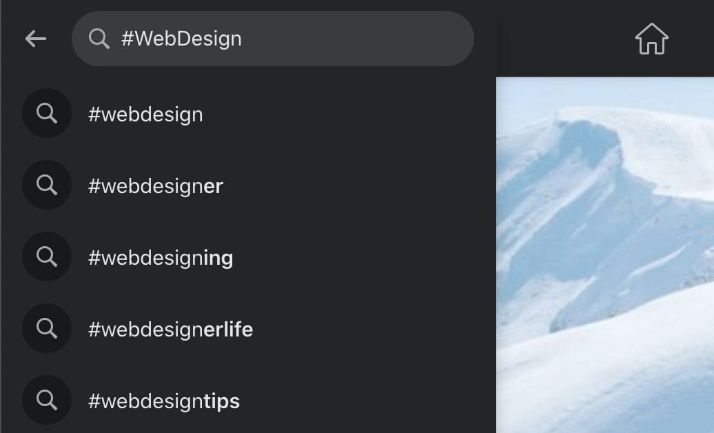 Facebook search bar dropdown suggestions for #WebDesign