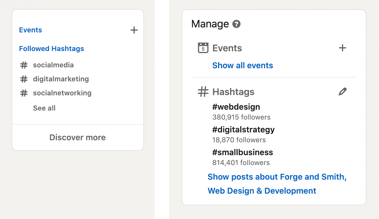 examples of followed hashtags and recently used hashtags on LinkedIn