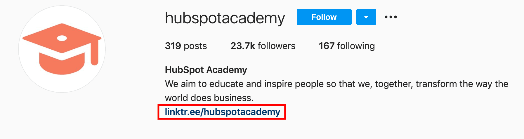 screenshot of the Instagram Bio link for Hubspot Academy