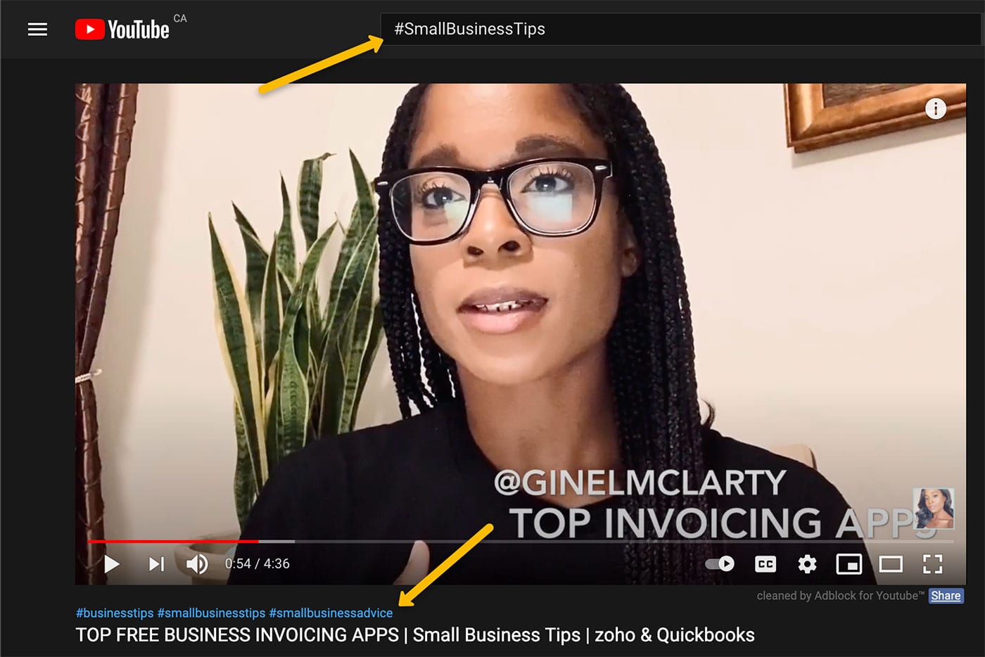 screenshot of a YouTube video found under #SmallBusinessTips, showing the three hashtags under the video title