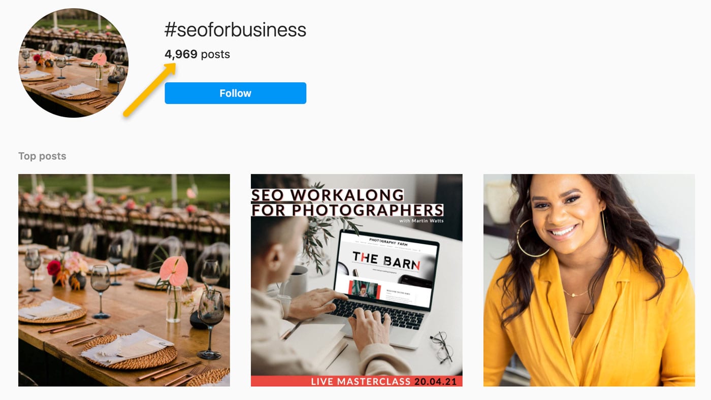 screenshot showing the Instagram results for #SEOForBusiness, which is a niche hashtag with only 4969 posts