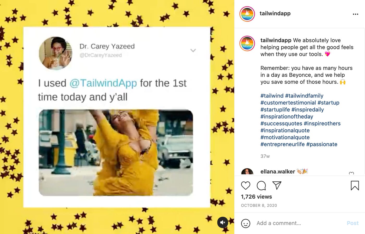 screenshot showing Tailwind app using UGC by reposting a tweet to their Instagram