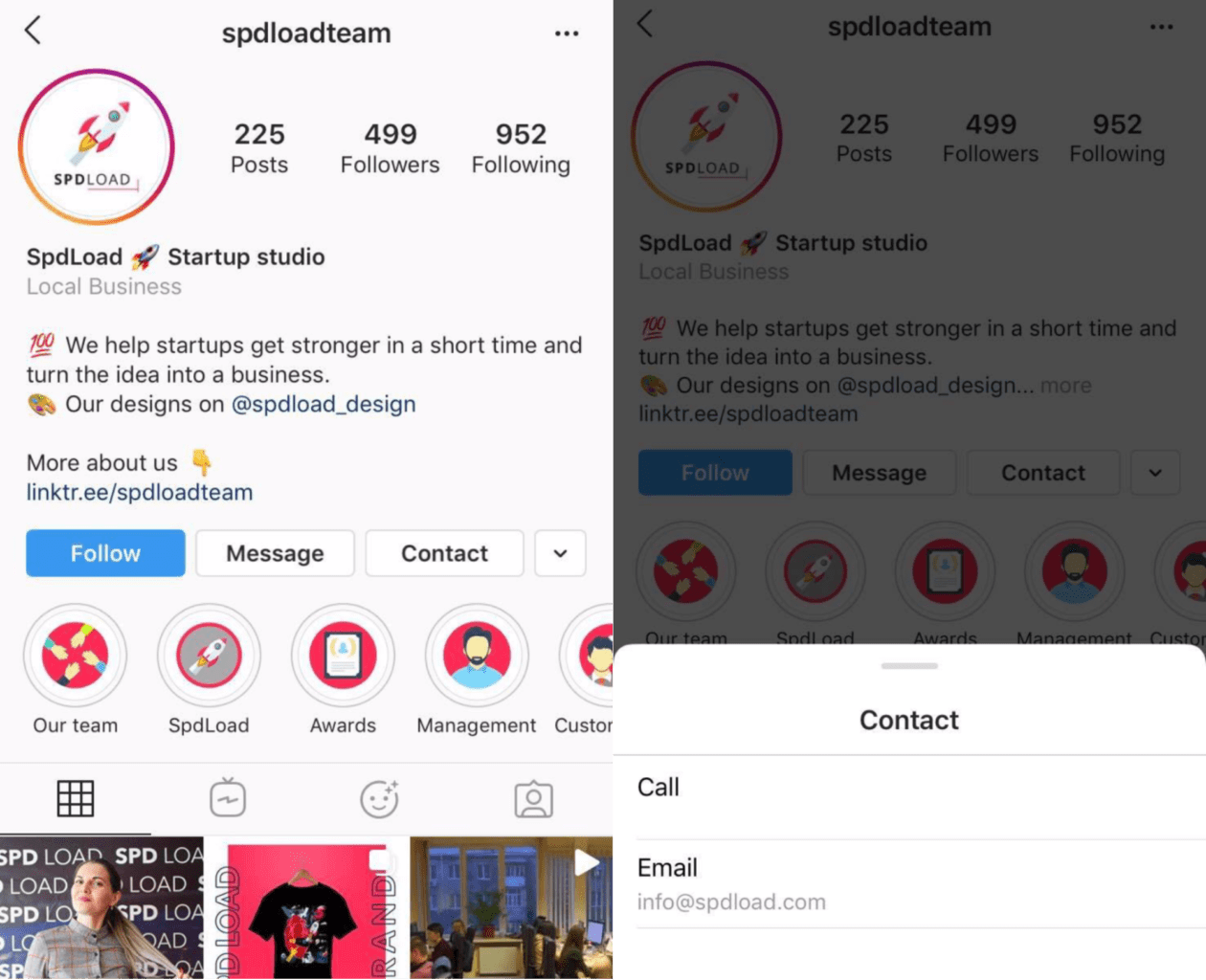 screenshots showing the contact methods on the SPDload Instagram page