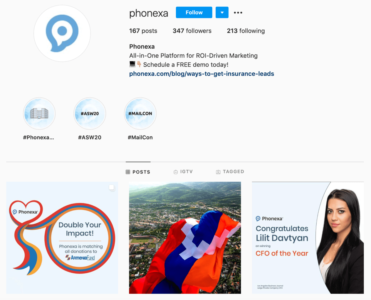 screenshot of the Phonexa instagram profile