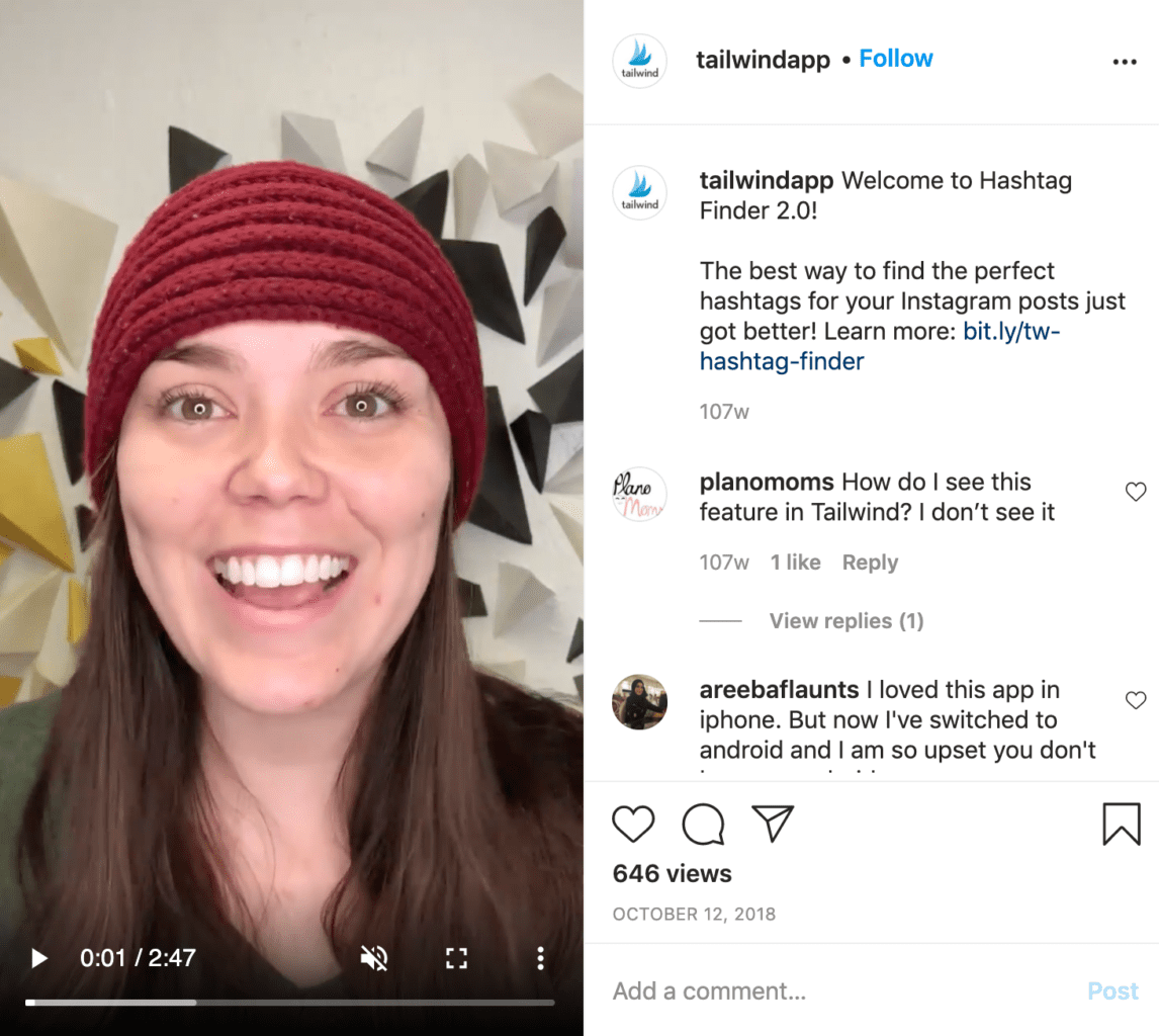 screenshot of an explainer video on the tailwind instagram profile