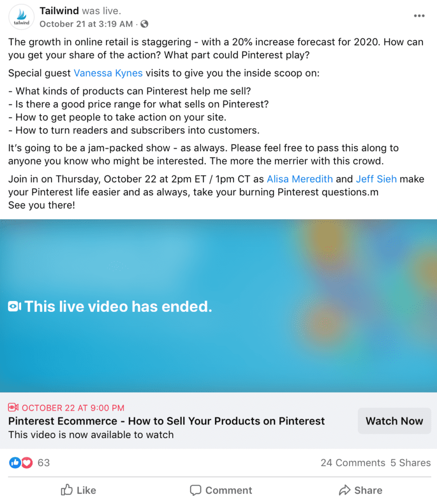 screenshot showing a live video session on the Tailwind company Facebook