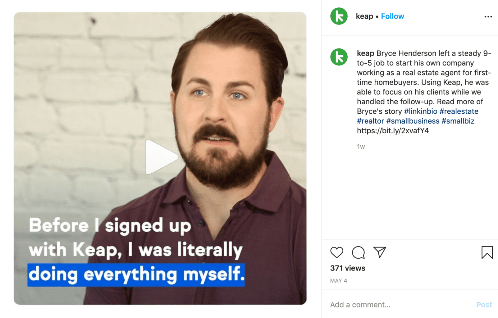screenshot showing a customer testimonial video on Instagram