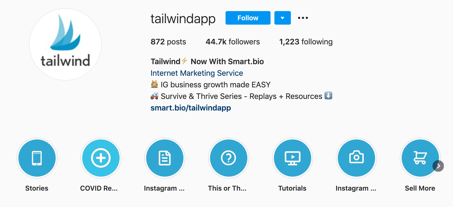 screenshot showing the Stories highlights on the Tailwind Instagram page