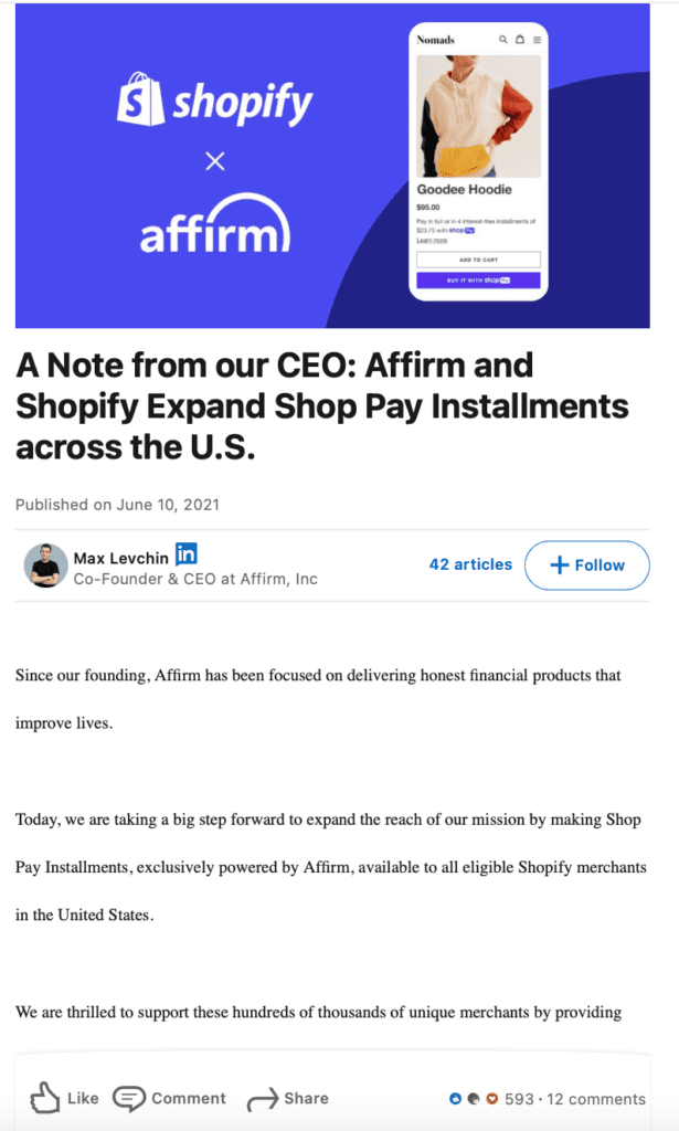 screenshot of a LinkedIn article published by Affirm