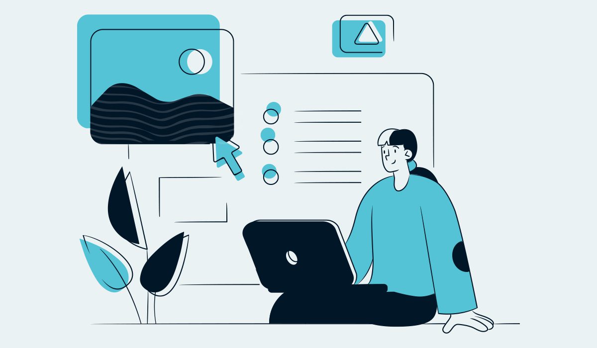 illustration showing a person creating brand identity guidelines on a laptop, with the concepts in the air above them