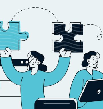 illustration showing office people holding up puzzle pieces over their heads