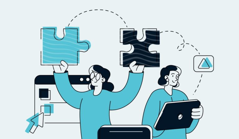 illustration showing office people holding up puzzle pieces over their heads
