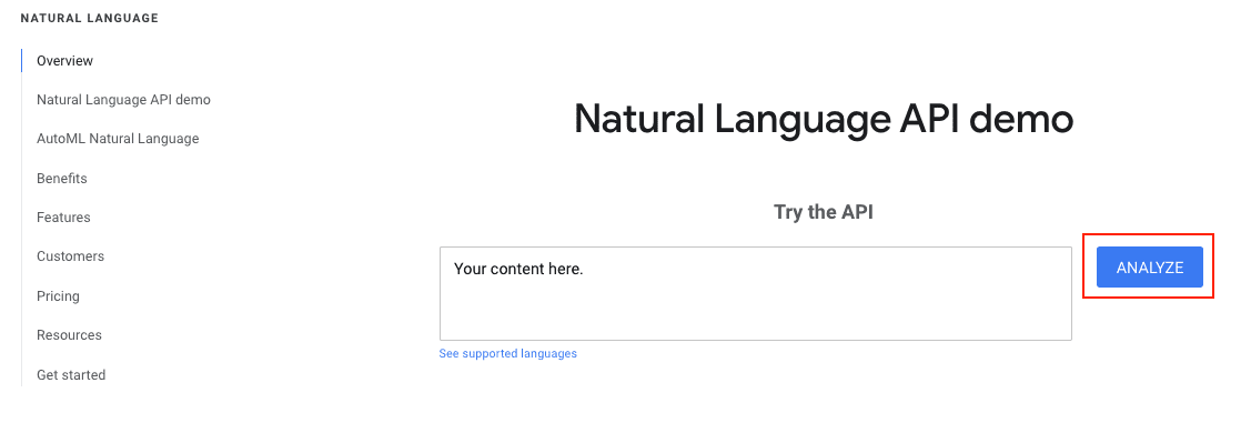 screenshot of the Natural Language API analysis page