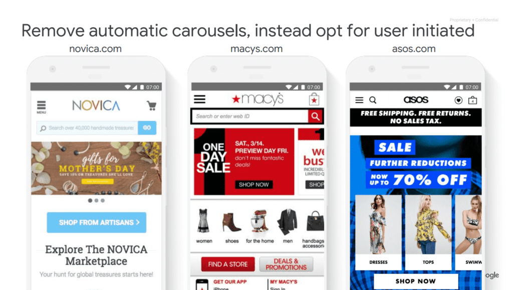 image showing 3 websites on mobile devices, all using carousel sliders to advertise products
