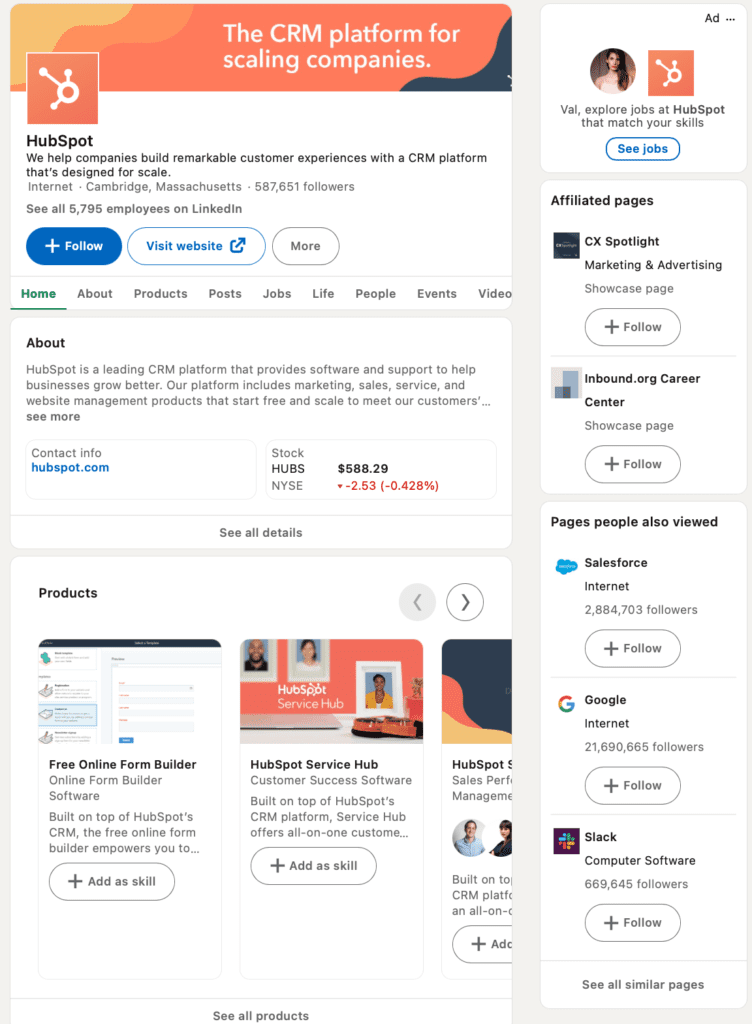 a full-page screenshot of the Hubspot company page