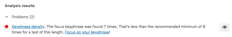 screenshot showing yoast results for weak keyphrase density