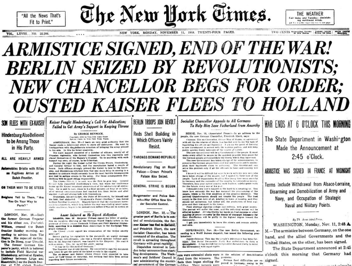 front page of 1918 New York Times