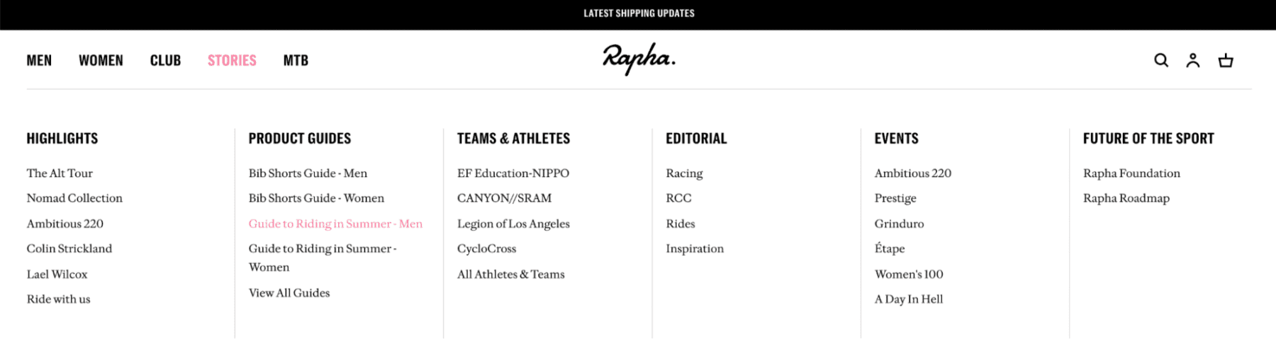 screenshot showing the homepage menu for Rapha