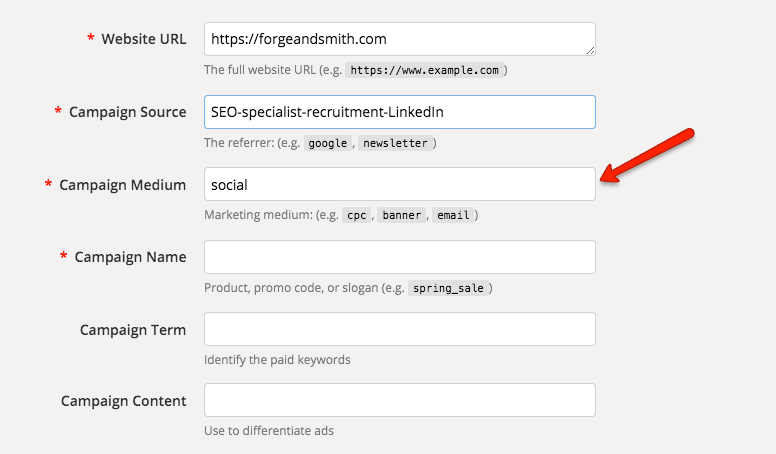 screenshot showing how to configure a social campaign in UTM builder