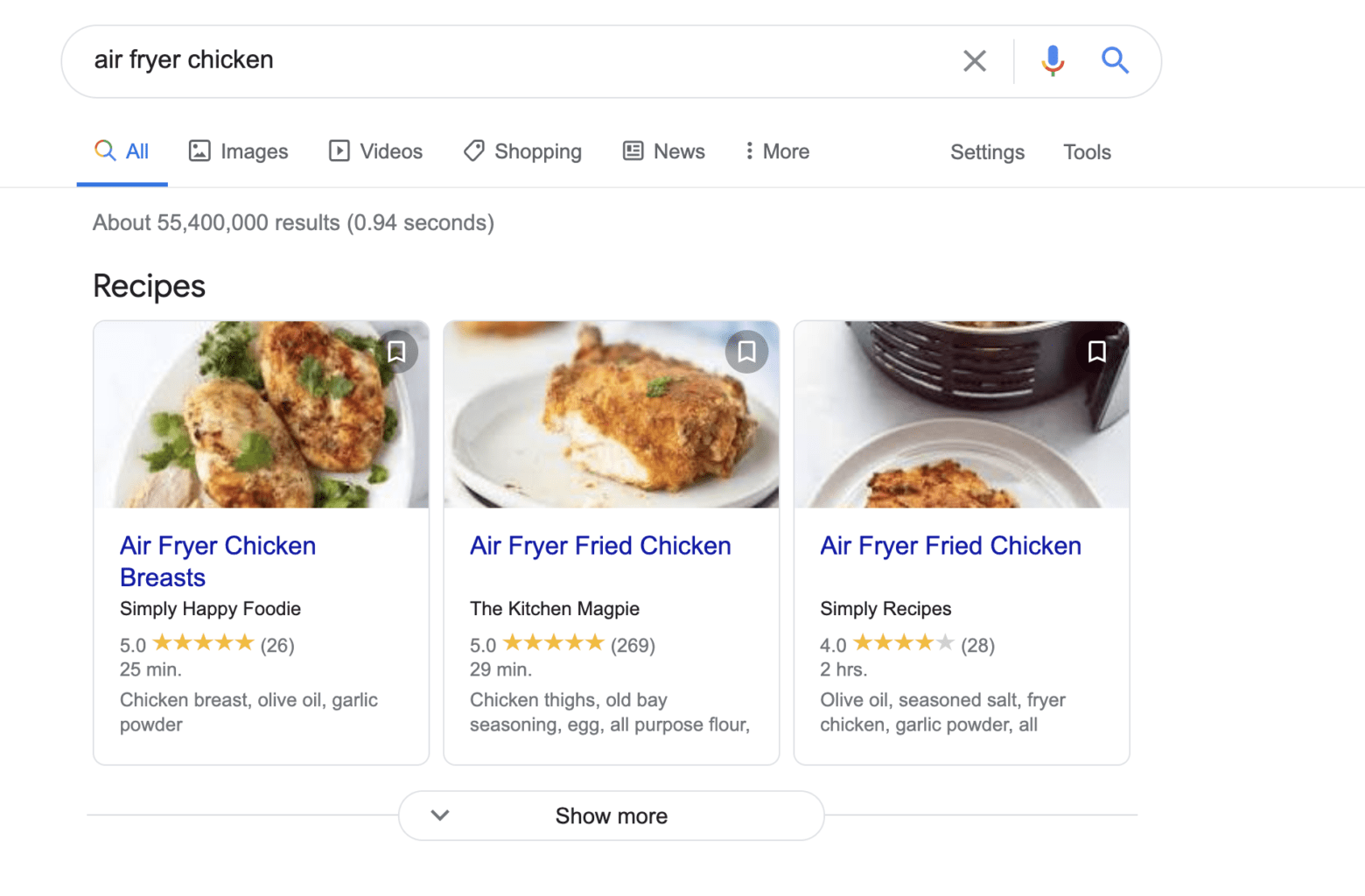 screenshot showing the search results for air fryer chicken