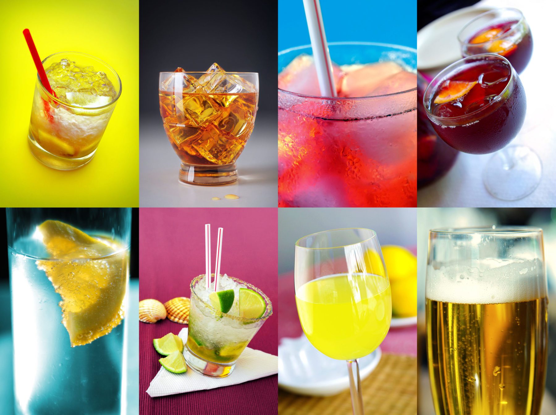 grid of 8 photos of different types of alcoholic beverages including cocktails and beer