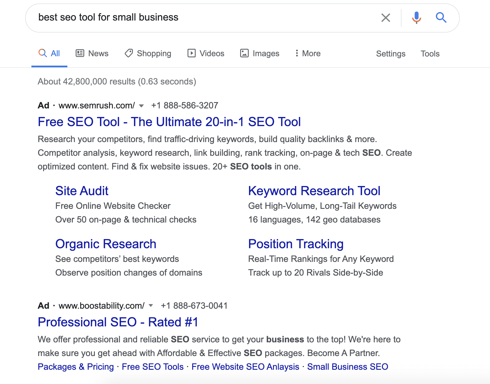 screenshot showing the search results for 'best SEO tool for small business'
