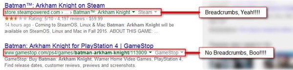 screenshot showing breadcrumbs for Batman products in search results
