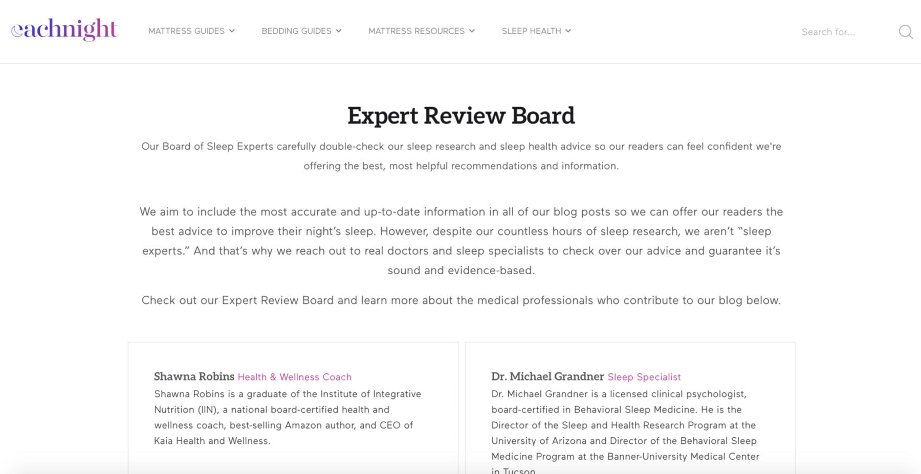 screenshot of the experts page on EachNight's website