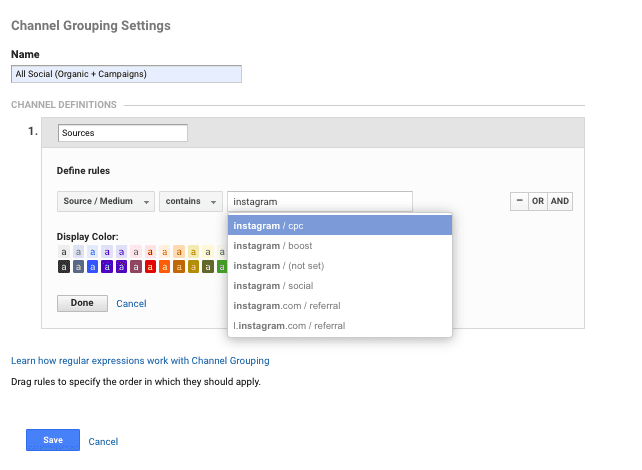 screenshot showing how to set up custom channel definitions in google analytics