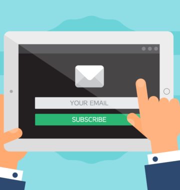 illustration showing a person holding a tablet and entering details into a subscription form