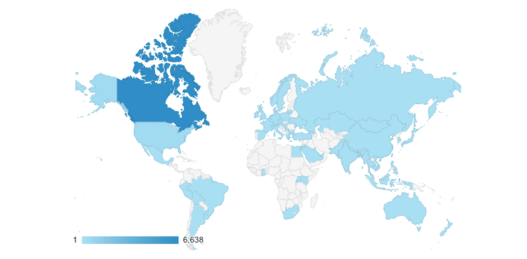 map overlay view of google analytics data showing continents