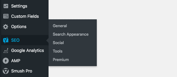 screenshot showing how to find Yoast SEO settings in WordPress