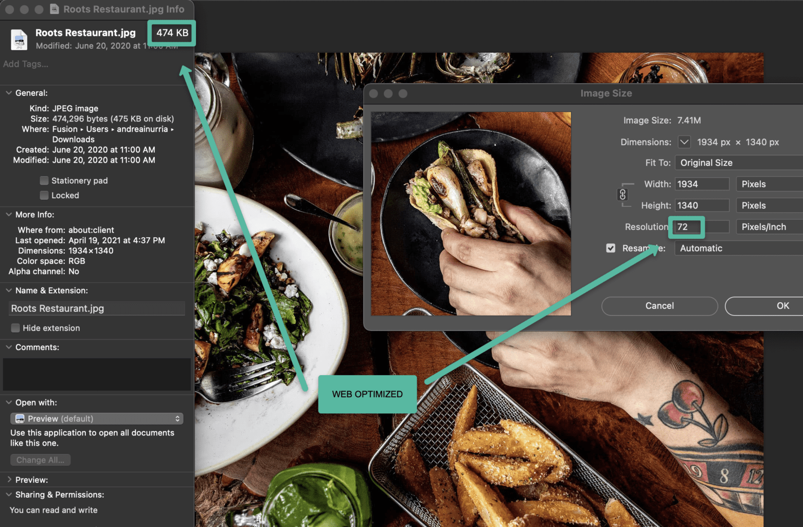 photo of a table with food showing image optimization examples for high website speed