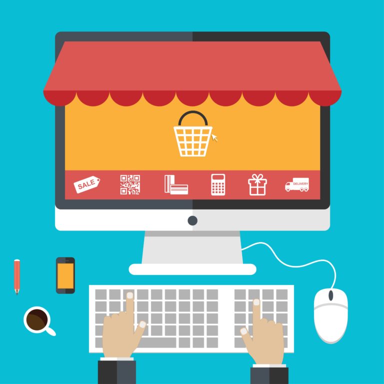illustration of an online storefront at a person's desk