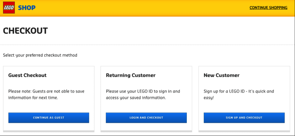 screenshot showing the Lego website offering three different checkout options