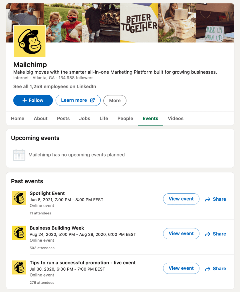 screenshot of MailChimp's events on LinkedIn