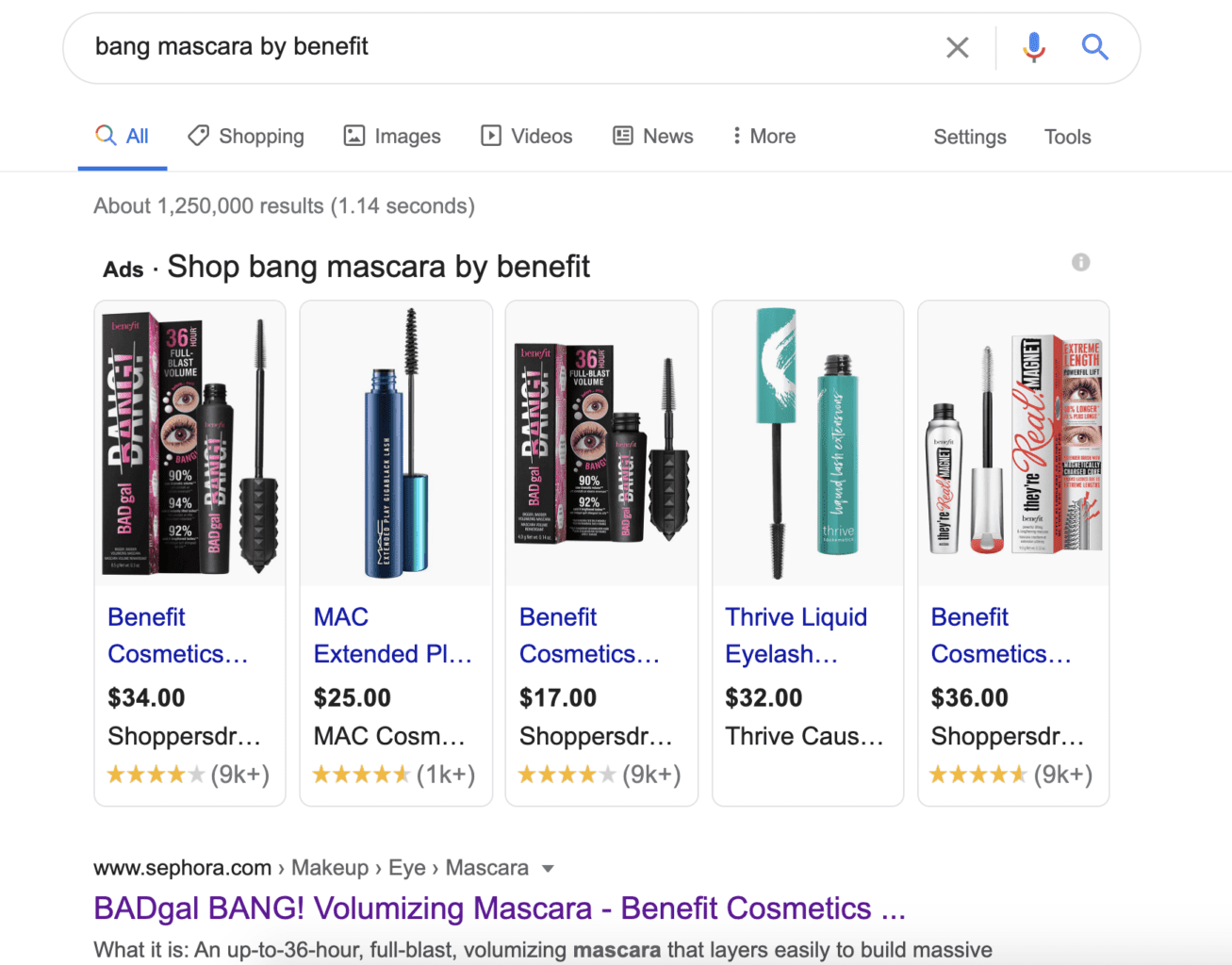screenshot showing the search results for a mascara