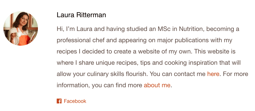 screenshot of the recipe fairy author's bio