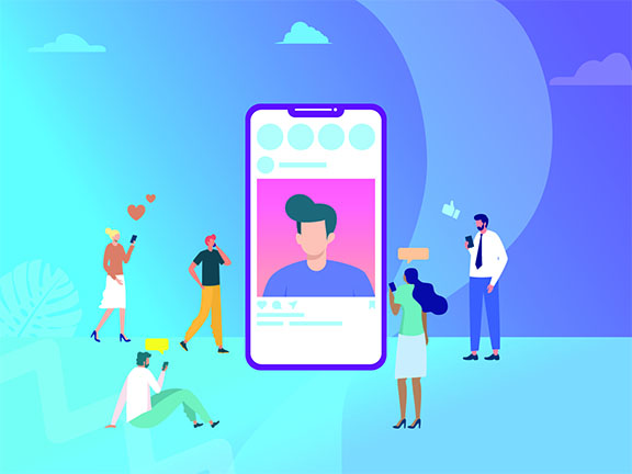 illustration showing people gathered around a mobile phone with the Instagram app open