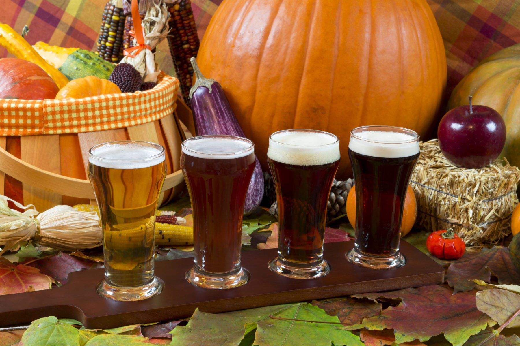 photo of a flight of seasonal fall beers in front of a display of a pumpkin and other fall decor