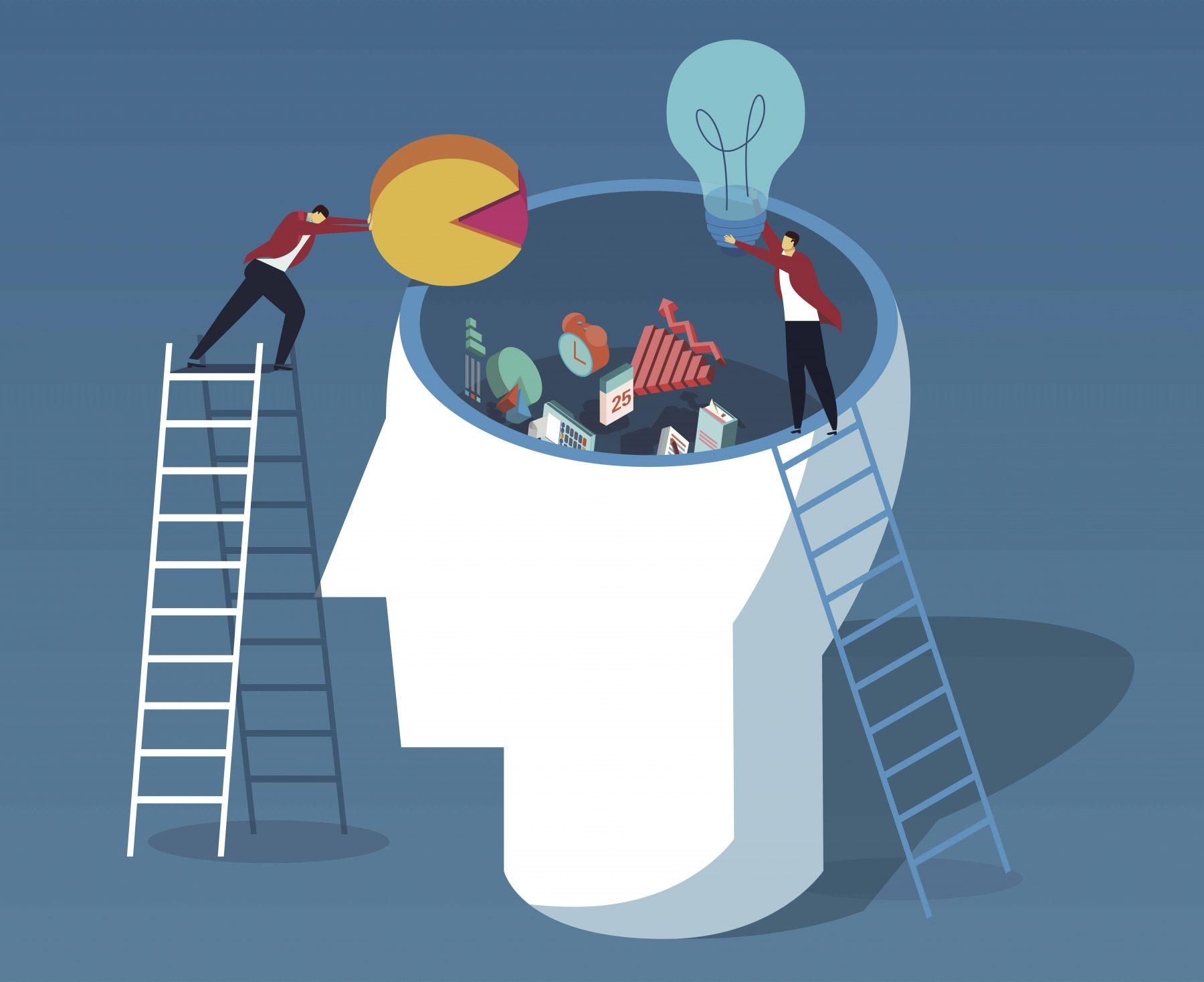 illustration showing two males atop ladders pushing lightbulbs and other symbols into the top of a giant human head to symbolize ideas
