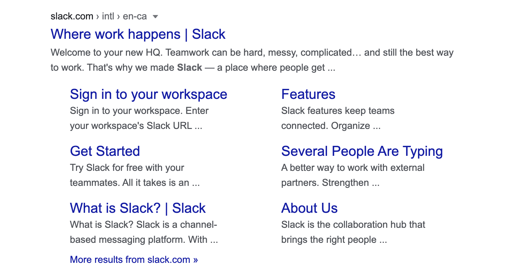 screenshot showing the search results for Slack