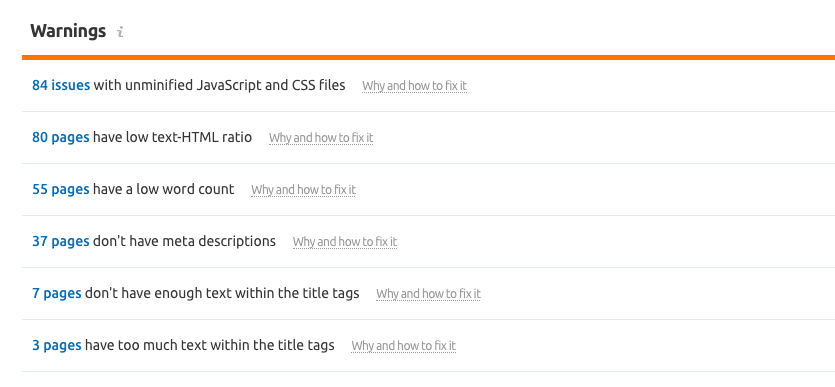 screenshot showing seo audit warnings
